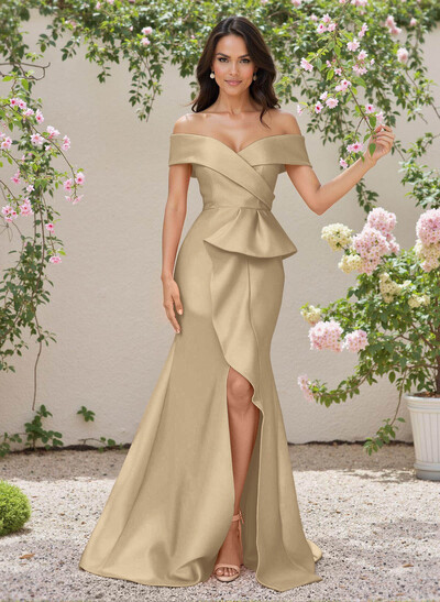 Elegant Off-The-Shoulder Ruffle A-Line Sweep Train Satin Bridesmaid Dresses