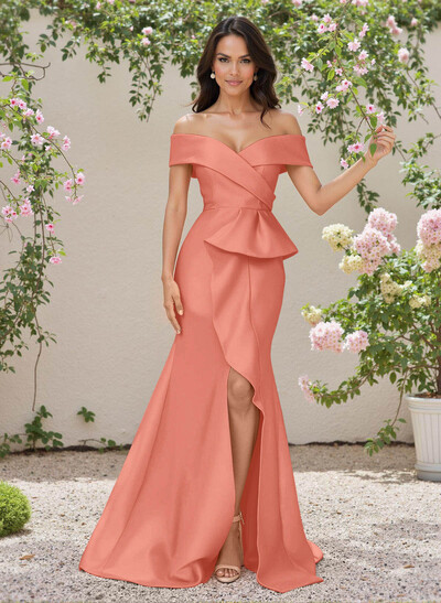Elegant Off-The-Shoulder Ruffle A-Line Sweep Train Satin Bridesmaid Dresses