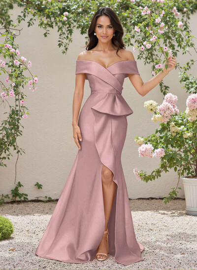 Elegant Off-The-Shoulder Ruffle A-Line Sweep Train Satin Bridesmaid Dresses