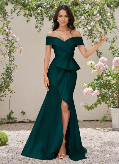 Elegant Off-The-Shoulder Ruffle A-Line Sweep Train Satin Bridesmaid Dresses