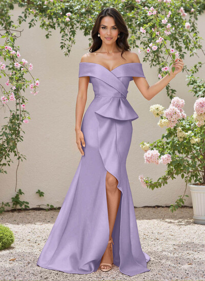 Elegant Off-The-Shoulder Ruffle A-Line Sweep Train Satin Bridesmaid Dresses