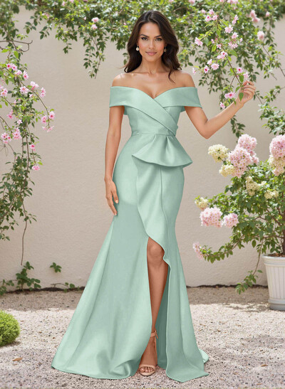 Elegant Off-The-Shoulder Ruffle A-Line Sweep Train Satin Bridesmaid Dresses