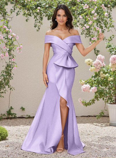 Elegant Off-The-Shoulder Ruffle A-Line Sweep Train Satin Bridesmaid Dresses