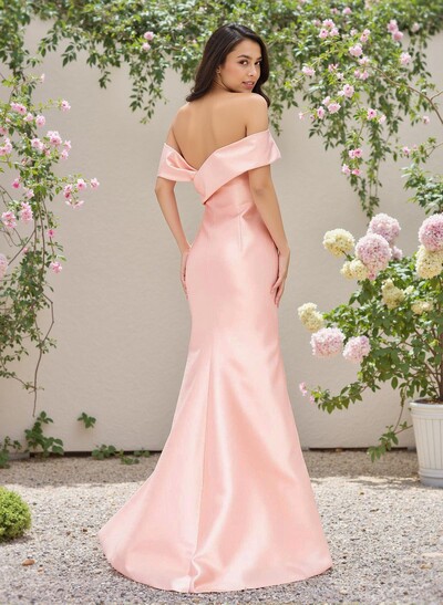 Elegant Off-The-Shoulder Ruffle A-Line Sweep Train Satin Bridesmaid Dresses
