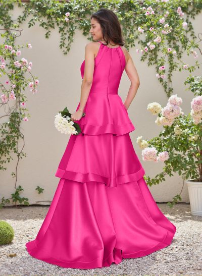 Unique Scoop Neck A-Line Sweep Train Satin Bridesmaid Dresses