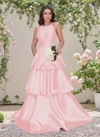 Unique Scoop Neck A-Line Sweep Train Satin Bridesmaid Dresses