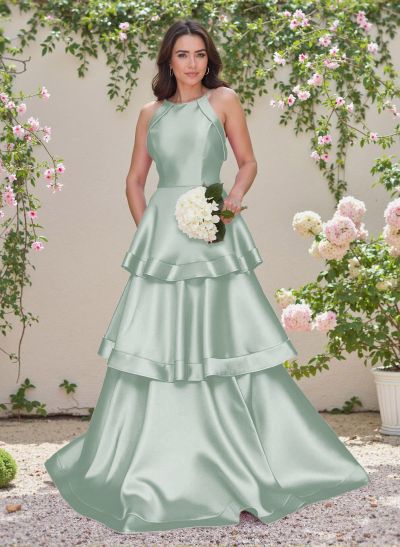 Unique Scoop Neck A-Line Sweep Train Satin Bridesmaid Dresses