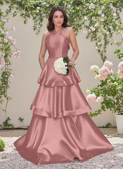 Unique Scoop Neck A-Line Floor-Length Satin Bridesmaid Dresses