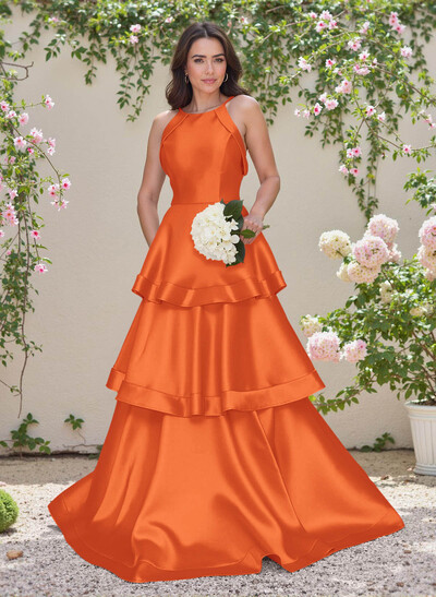 Unique Scoop Neck A-Line Floor-Length Satin Bridesmaid Dresses