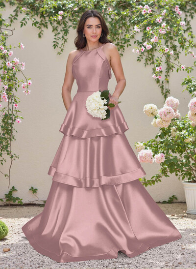 Unique Scoop Neck A-Line Floor-Length Satin Bridesmaid Dresses