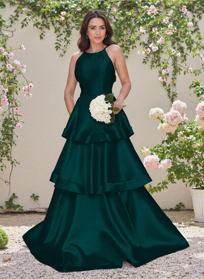 Unique Scoop Neck A-Line Floor-Length Satin Bridesmaid Dresses