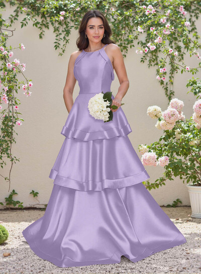 Unique Scoop Neck A-Line Floor-Length Satin Bridesmaid Dresses