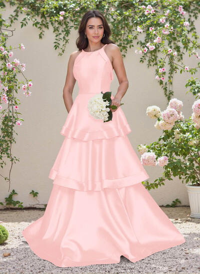 Unique Scoop Neck A-Line Floor-Length Satin Bridesmaid Dresses
