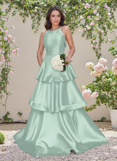 Unique Scoop Neck A-Line Floor-Length Satin Bridesmaid Dresses
