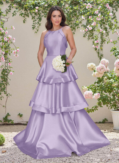 Unique Scoop Neck A-Line Floor-Length Satin Bridesmaid Dresses