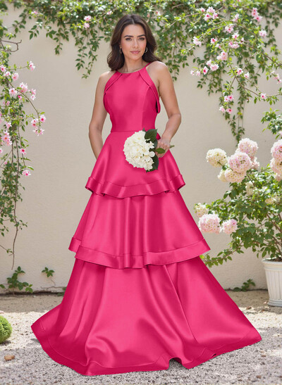 Unique Scoop Neck A-Line Floor-Length Satin Bridesmaid Dresses