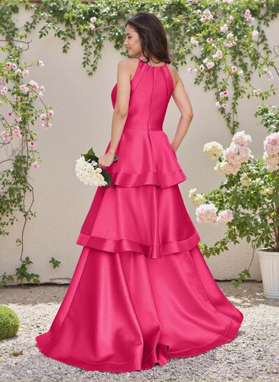 Unique Scoop Neck A-Line Floor-Length Satin Bridesmaid Dresses
