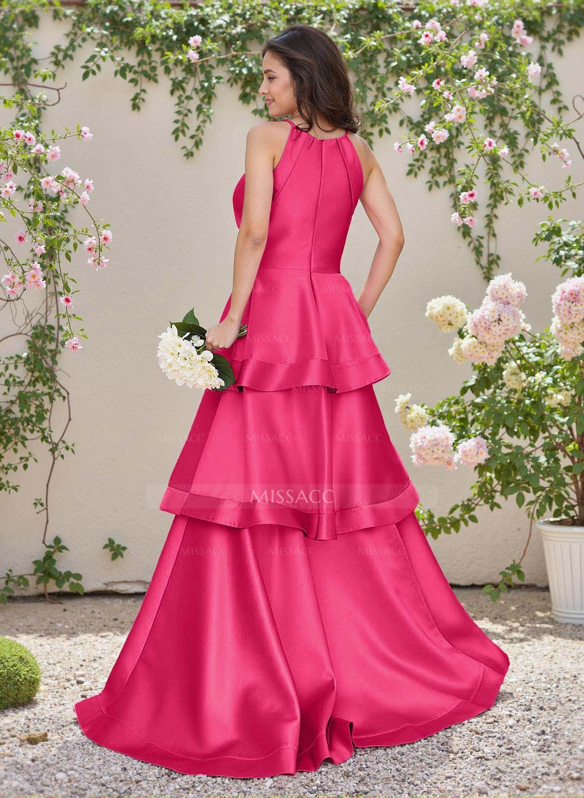 Unique Scoop Neck A-Line Floor-Length Satin Bridesmaid Dresses
