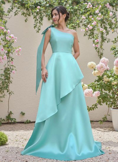 Elegant Bow(s) One-Shoulder Ruffle A-Line Sweep Train Satin Bridesmaid Dresses