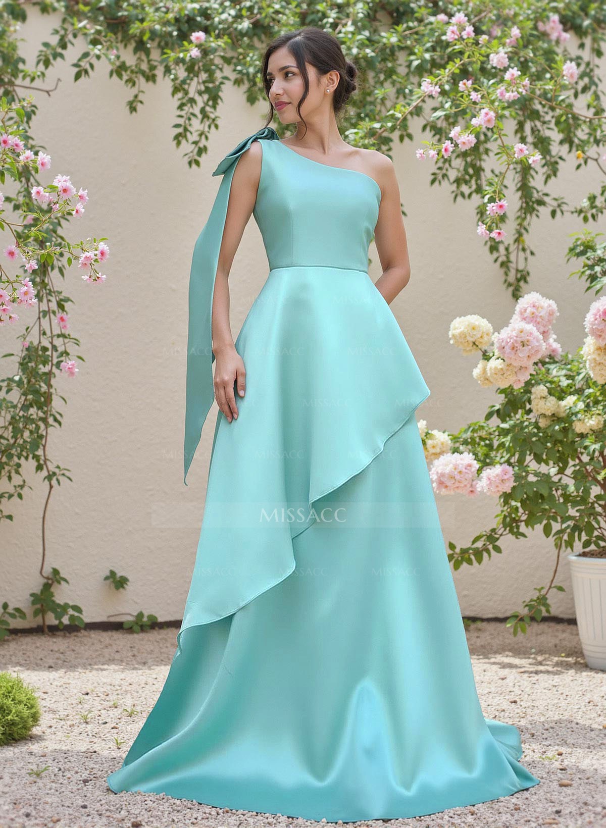 Elegant Bow(s) One-Shoulder Ruffle A-Line Sweep Train Satin Bridesmaid Dresses