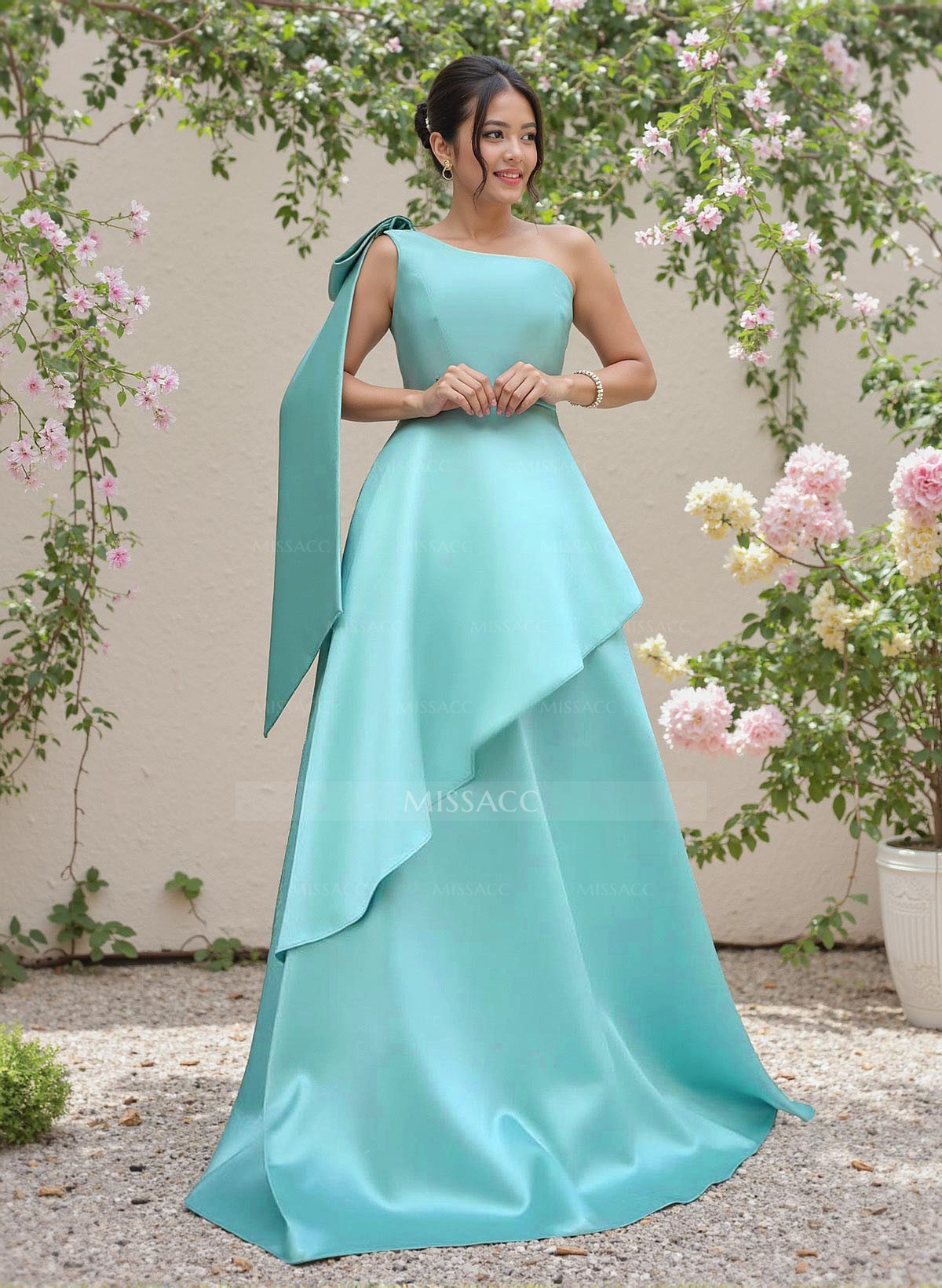 Elegant Bow(s) One-Shoulder Ruffle A-Line Sweep Train Satin Bridesmaid Dresses