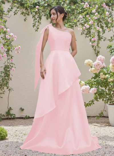 Elegant Bow(s) One-Shoulder Ruffle A-Line Sweep Train Satin Bridesmaid Dresses