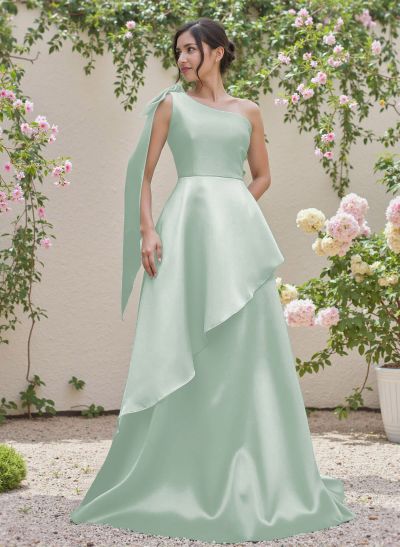 Elegant Bow(s) One-Shoulder Ruffle A-Line Sweep Train Satin Bridesmaid Dresses