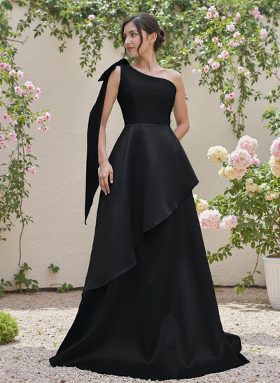 Elegant Bow(s) One-Shoulder Ruffle A-Line Sweep Train Satin Bridesmaid Dresses