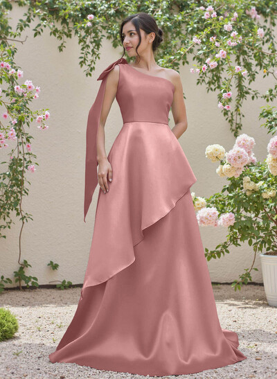 Elegant Bow(s) One-Shoulder Ruffle A-Line Sweep Train Satin Bridesmaid Dresses
