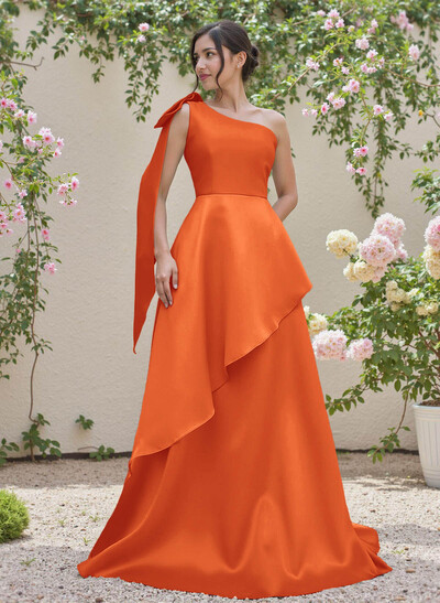 Elegant Bow(s) One-Shoulder Ruffle A-Line Sweep Train Satin Bridesmaid Dresses