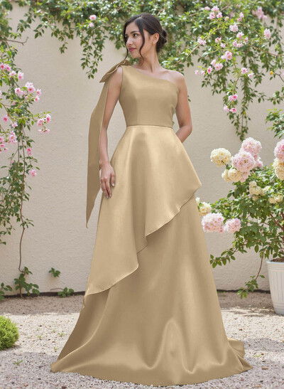 Elegant Bow(s) One-Shoulder Ruffle A-Line Sweep Train Satin Bridesmaid Dresses