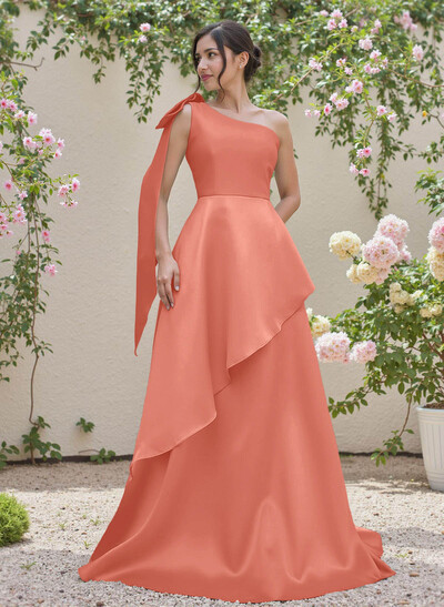 Elegant Bow(s) One-Shoulder Ruffle A-Line Sweep Train Satin Bridesmaid Dresses