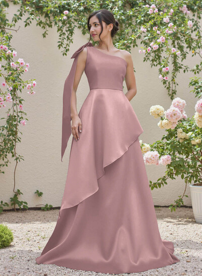 Elegant Bow(s) One-Shoulder Ruffle A-Line Sweep Train Satin Bridesmaid Dresses