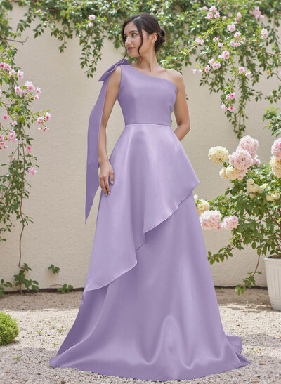Elegant Bow(s) One-Shoulder Ruffle A-Line Sweep Train Satin Bridesmaid Dresses