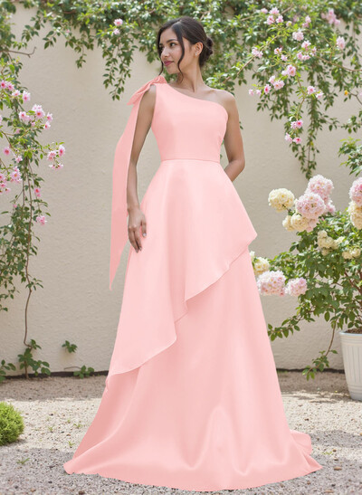 Elegant Bow(s) One-Shoulder Ruffle A-Line Sweep Train Satin Bridesmaid Dresses