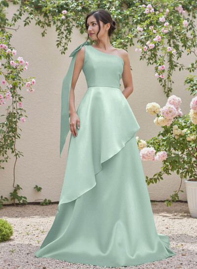 Elegant Bow(s) One-Shoulder Ruffle A-Line Sweep Train Satin Bridesmaid Dresses