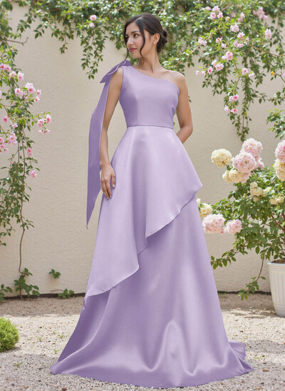 Elegant Bow(s) One-Shoulder Ruffle A-Line Sweep Train Satin Bridesmaid Dresses