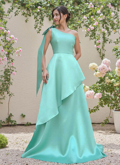 Elegant Bow(s) One-Shoulder Ruffle A-Line Sweep Train Satin Bridesmaid Dresses