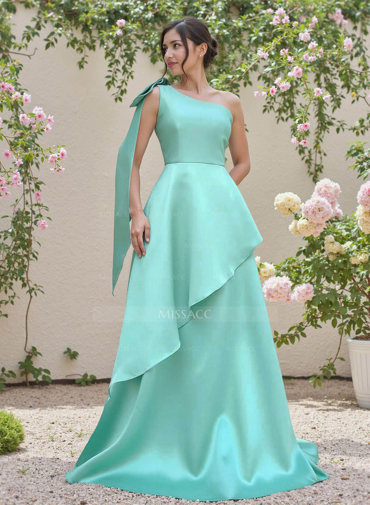 Elegant Bow(s) One-Shoulder Ruffle A-Line Sweep Train Satin Bridesmaid Dresses