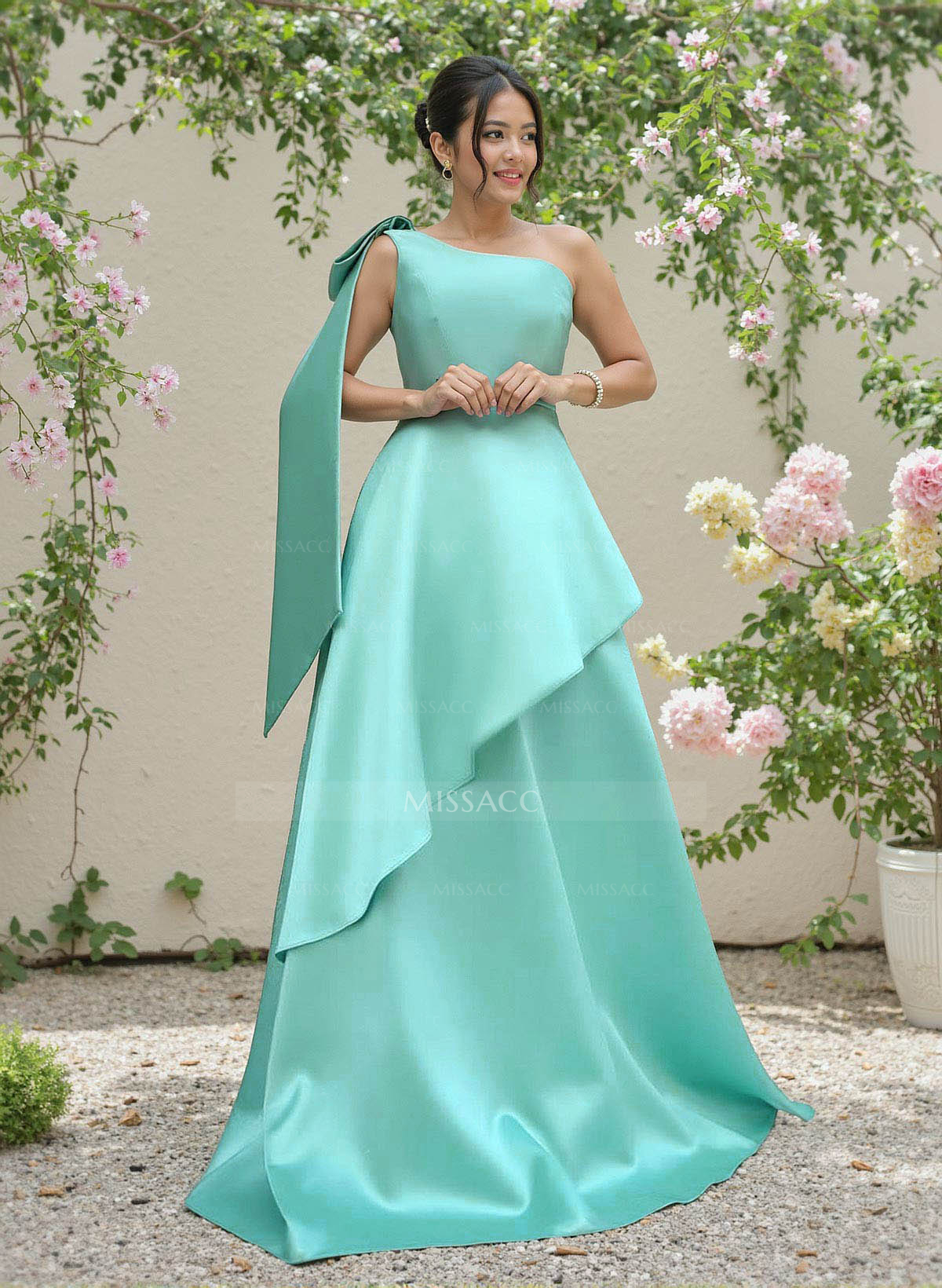 Elegant Bow(s) One-Shoulder Ruffle A-Line Sweep Train Satin Bridesmaid Dresses