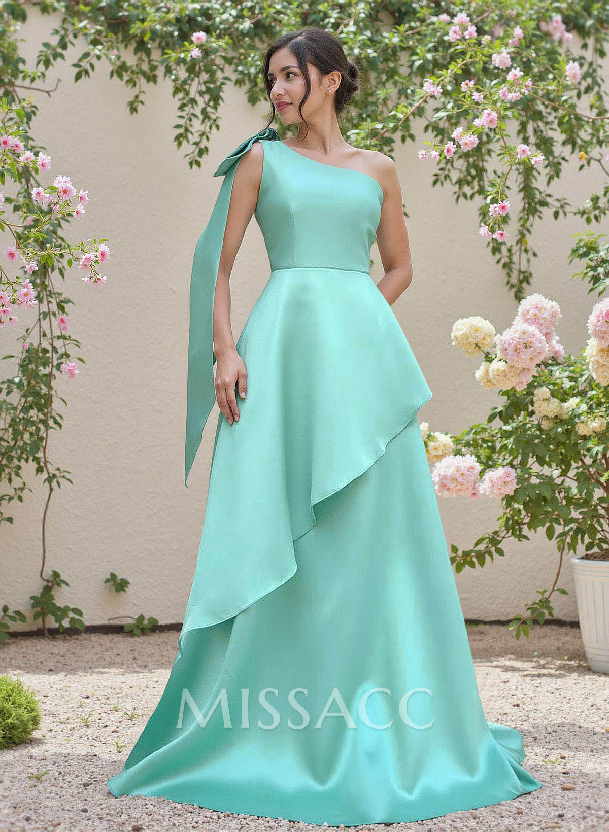 Elegant Bow(s) One-Shoulder Ruffle A-Line Sweep Train Satin Bridesmaid Dresses Elegant Bow(s) One-Shoulder Ruffle A-Line Sweep Train Satin Bridesmaid Dresses