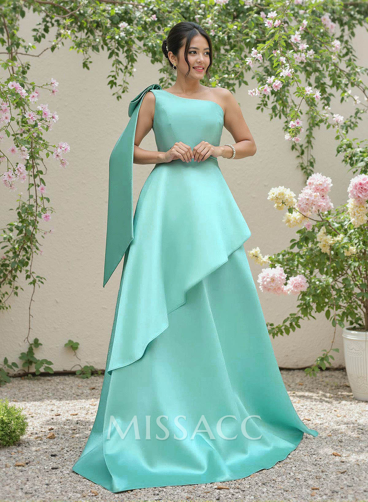 Elegant Bow(s) One-Shoulder Ruffle A-Line Sweep Train Satin Bridesmaid Dresses Elegant Bow(s) One-Shoulder Ruffle A-Line Sweep Train Satin Bridesmaid Dresses