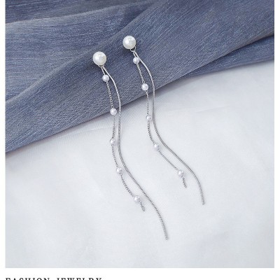 Long Drop Pearl Tassel Linear Earrings