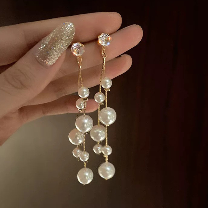 Zirconia Women Long Pearl Tassel Earrings