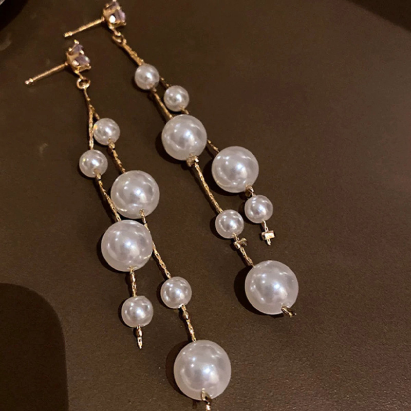 Zirconia Women Long Pearl Tassel Earrings