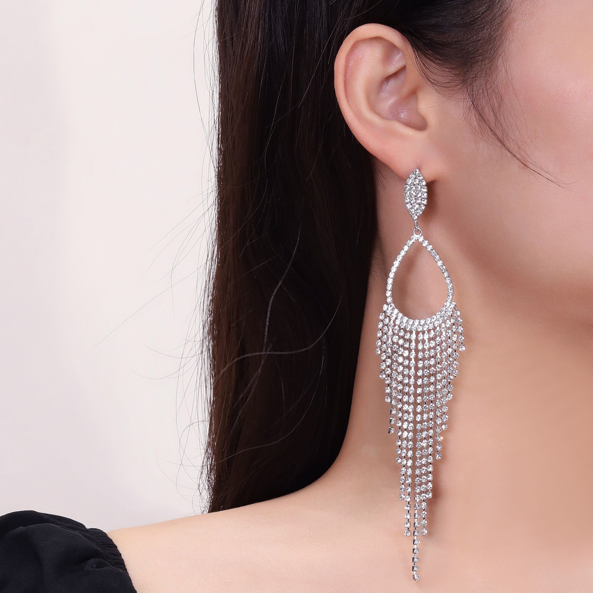 Full Rhinestone Long Tassel Earrings