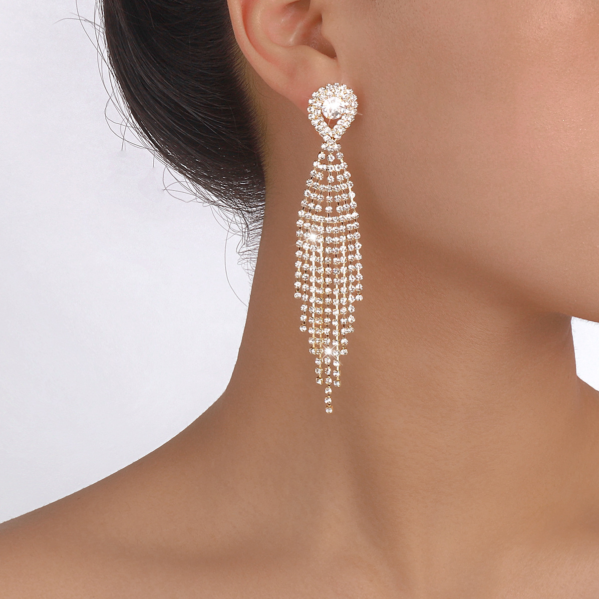 Full Rhinestone Long Tassel Earrings