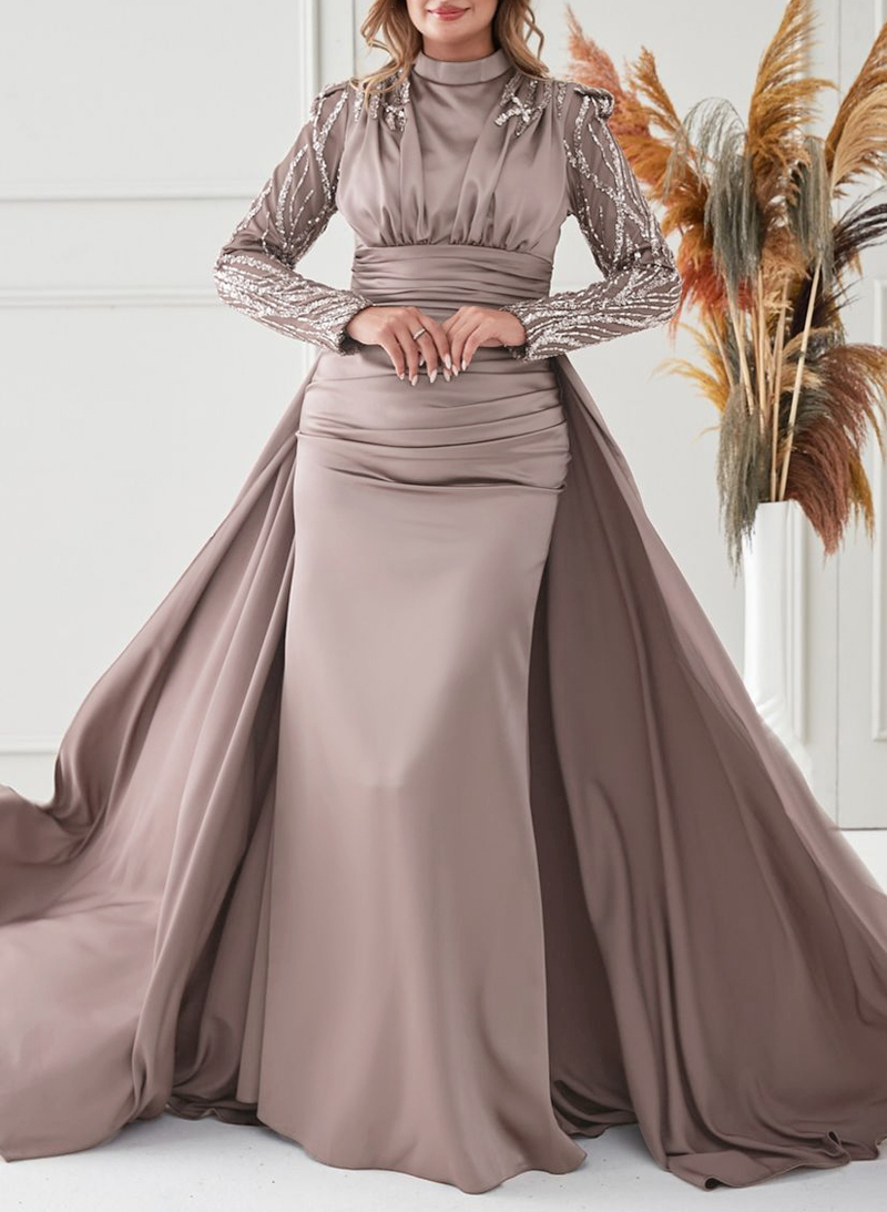 Unique High Neck Long Sleeves Overskirt Sequins Acetate Satin Evening Dresses