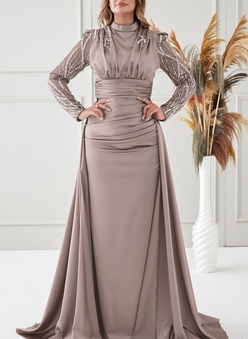 Unique High Neck Long Sleeves Overskirt Sequins Acetate Satin Evening Dresses