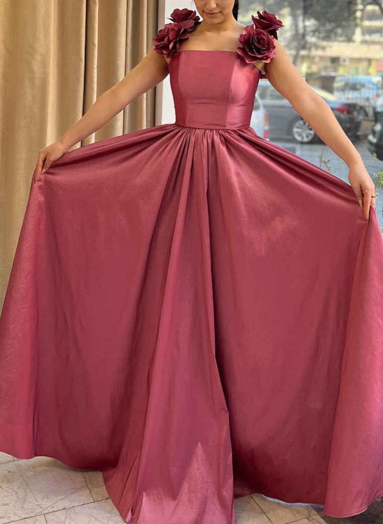 Classy A-Line Off-The-Shoulder Satin Evening Dresses With 3D Floral